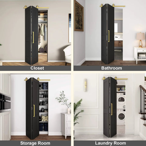 36 Inch By 84 Inch Bi Fold Barn Door Set With Two Panels And Brushed Gold Hardware Space Saving Interior Sliding Door For Closets Pantry Or Laundry Rooms Hollow Core Textured Black Finish Includes Hardware Kit Quiet Smooth Rollers No Brainer Easy Install