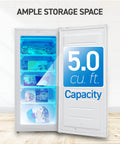 Stand Up Freezer With Reversible Door 5 Cubic Feet Upright Deep Storage For Home And Garage Keep Frozen Meals Fresh On Four Steel Wire Shelves No Sweat Setup That Keeps Your Stash Frozen Tight showing 5.0 cu. ft capacity and ample storage.