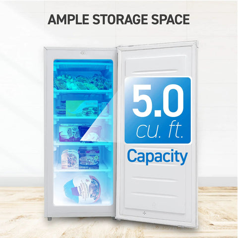 Stand Up Freezer With Reversible Door 5 Cubic Feet Upright Deep Storage For Home And Garage Keep Frozen Meals Fresh On Four Steel Wire Shelves No Sweat Setup That Keeps Your Stash Frozen Tight showing 5.0 cu. ft capacity and ample storage.
