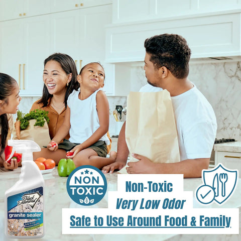 Family in kitchen with Spray On Granite Sealer For Granite Marble And Travertine Countertops, highlighting non-toxic feature.