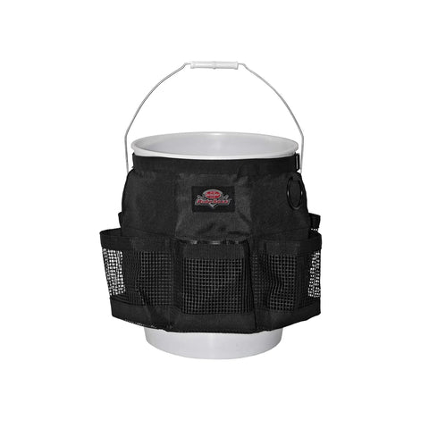 Exterior Bucket Organizer For 5 Gallon Buckets With Dope Quick Dry Mesh Pockets For Car Supplies Keeps Soap And Water In The Bucket While Wet Gear Dries Fast Black AB30060, shown attached to a white bucket.