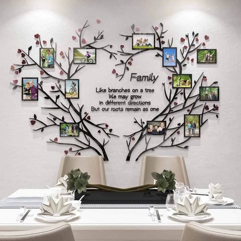 Love Family Tree Wall Decor Picture Frame Collage Removable 3D Acrylic Wall Stickers For Living Room with red hearts and quote