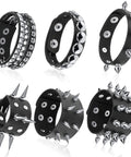 Six Piece Punk Leather Bracelet Set Featuring Hardcore Spikes Mixed Metal Studs Black Cuff Bands showcasing various styles and spikes.