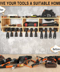 Heavy Duty Wall Mounted Power Tool Organizer With 12 Slots For Drill, Wrench, Screwdriver And Circular Saw, Solid Wood Charging Station.