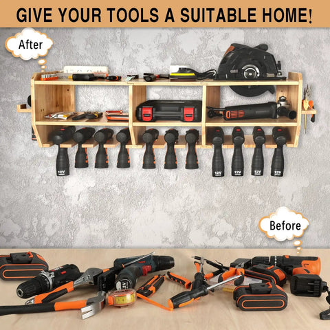 Heavy Duty Wall Mounted Power Tool Organizer With 12 Slots For Drill, Wrench, Screwdriver And Circular Saw, Solid Wood Charging Station.