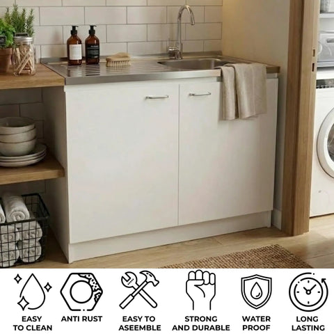 Utility Sink Base Cabinet With Integrated Stainless Steel Countertop Freestanding Cabinet With Double Doors And Built In Sink