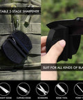 Portable diamond coated 2-stage sharpener being used on different knife blades outdoors on backpack, focus on versatility.
