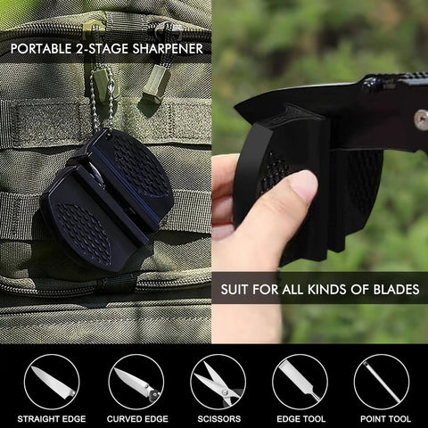 Portable diamond coated 2-stage sharpener being used on different knife blades outdoors on backpack, focus on versatility.
