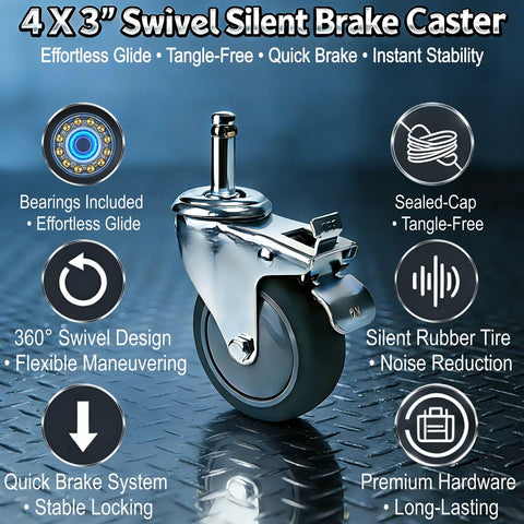 Close-up of a 4x3 inch swivel silent brake caster for smooth mobility, featuring a sealed-cap design and silent rubber tire for noise reduction.