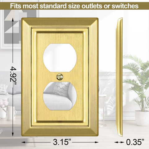 Gold Brass Metal Wall Plate For Electrical Outlets And Light Switches 1 Gang Duplex Cover front and side view