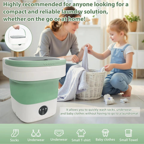 No Sweat Portable Folding Washer And Spin Dryer Combo For Dorm Rooms And Road Trip Getaways with green and white design.