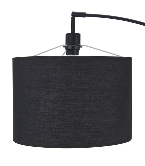 Close-up of the black fabric shade on tall 71 inch arc floor lamp with steel base, modern standing light for living room over couch