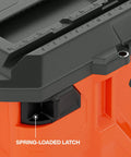 Close-up of a MODbox Medium Deep Tool Box With Beefy Heavy Duty Organizer Removable Tray Water And Debris Resistant Stackable Module showing spring-loaded latch.