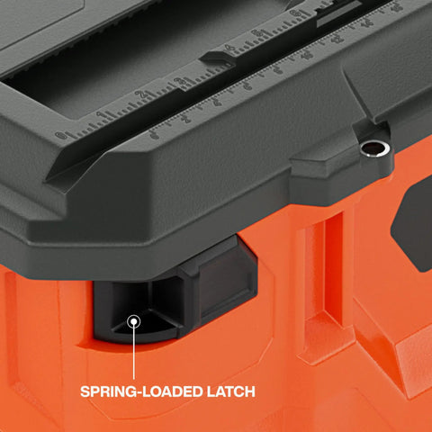 Close-up of a MODbox Medium Deep Tool Box With Beefy Heavy Duty Organizer Removable Tray Water And Debris Resistant Stackable Module showing spring-loaded latch.