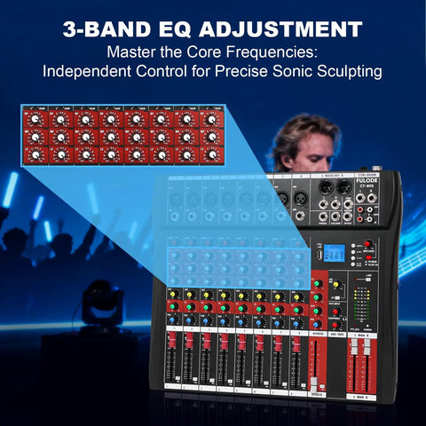 Eight Channel DJ Mixer For Home Studio And Live Gigs With Bluetooth And USB MP3 Playback Pro EQ XLR And One Quarter Inch Inputs