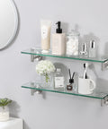 Two Pack 20 Inch Tempered Glass Floating Shelves With Rustproof Stainless Steel Brackets Wall Mounted Brushed Finish in bathroom
