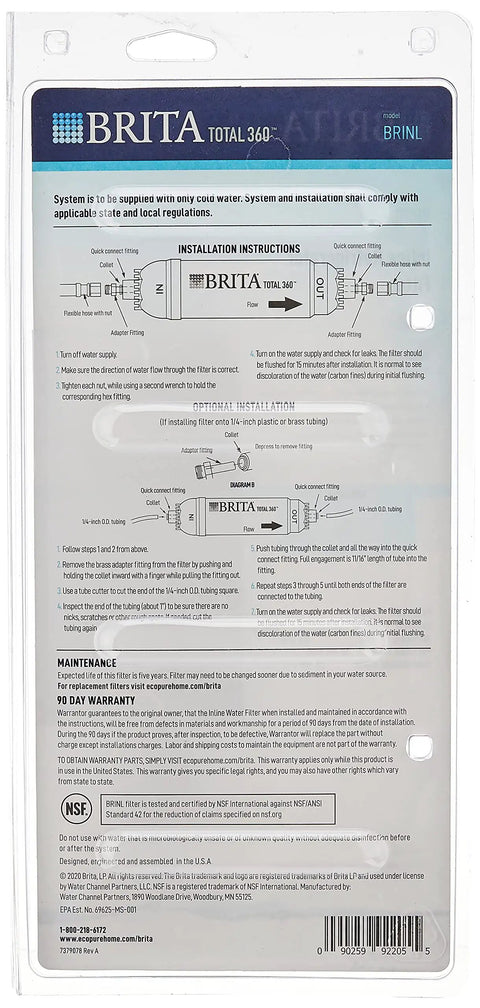 Back packaging of Total 360 Refrigerator Water Filter Inline Universal Filter with installation instructions.