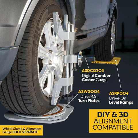 AUTOSOLO 4-ton wheel alignment turn plates installed on wheel; silver metal with brass dial gauge