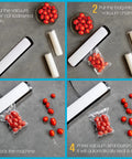 Two Pack Commercial Grade Vacuum Seal Bags And Rolls For Food Storage 8 Inch By 50 Feet And 11 Inch By 50 Feet Microwave And Freezer Safe Sous Vide Ready Keeps Leftovers Fresher Up To Five Times Longer Great For Meal Prep demonstrating vacuum sealing process with cherry tomatoes.