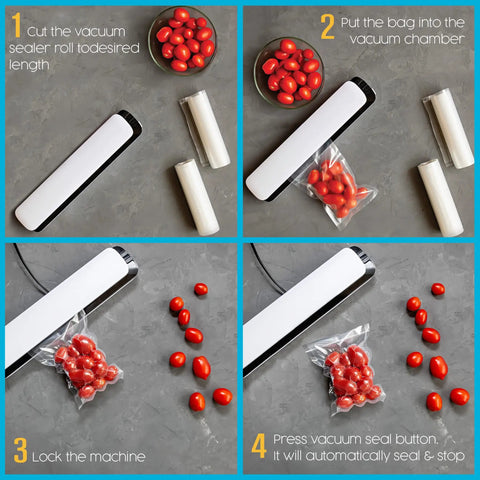 Two Pack Commercial Grade Vacuum Seal Bags And Rolls For Food Storage 8 Inch By 50 Feet And 11 Inch By 50 Feet Microwave And Freezer Safe Sous Vide Ready Keeps Leftovers Fresher Up To Five Times Longer Great For Meal Prep demonstrating vacuum sealing process with cherry tomatoes.