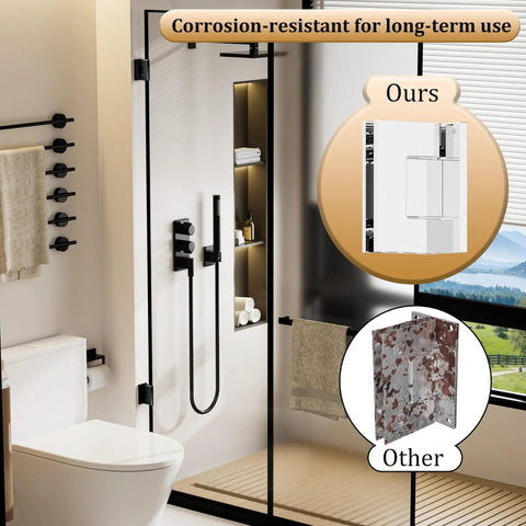 Durable Chrome Glass Shower Door Hinge For Frameless Bathroom Doors With 90 Degree Match Plus Heavy Duty Rubber Protectors overview in a modern bathroom