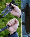Hands holding straight outdoor survival knife with leg straps and sheath, featuring razor sharp blade, ideal for water sports.
