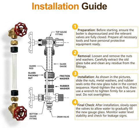 Installation guide for 8 Inch Steam Boiler Sight Glass Tube With Clear Water Level Gauge Five Eighths Inch Outer Diameter And Three Eighths Inch Inner Diameter Includes Two High Temp Rubber Washers For A No Nonsense Leak-Proof Brass Fittings And Reliable Level Reading.