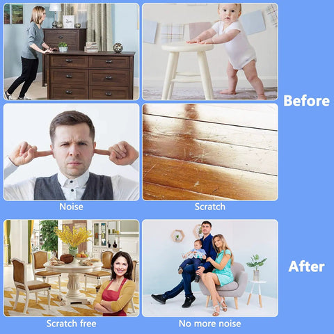 Before and after comparison showing furniture on scratched and noise-free flooring with screw on chair gliders 1 inch PTFE Teflon floor protectors.