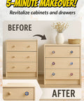Before and after dresser transformation using 12 pack of decorative ceramic drawer pulls for kitchen cabinets and bathroom vanities featuring hand painted glazed details.