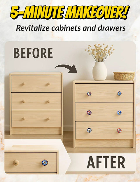 Before and after dresser transformation using 12 pack of decorative ceramic drawer pulls for kitchen cabinets and bathroom vanities featuring hand painted glazed details.