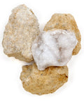 Break Your Own Moroccan Geodes With Crystals Inside A Hands On Fun Science Kit For Kids Includes 25 Medium 1 To 1.5 Inch Geodes 90 Percent Hollow Easy To Crack Open Educational Info And Instructions Plus Party Favors And Prizes, showing three geodes, one cracked open to reveal crystals.