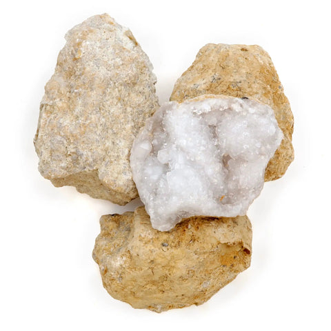 Break Your Own Moroccan Geodes With Crystals Inside A Hands On Fun Science Kit For Kids Includes 25 Medium 1 To 1.5 Inch Geodes 90 Percent Hollow Easy To Crack Open Educational Info And Instructions Plus Party Favors And Prizes, showing three geodes, one cracked open to reveal crystals.