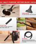 Compact Wet Dry Vacuum With 2 Point Zero Peak Hp Motor And 1 Point Five Gallon Bucket with utility and cervix tools for versatile cleaning.
