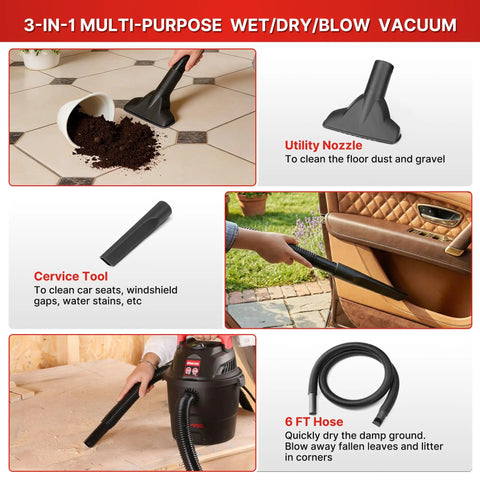 Compact Wet Dry Vacuum With 2 Point Zero Peak Hp Motor And 1 Point Five Gallon Bucket with utility and cervix tools for versatile cleaning.