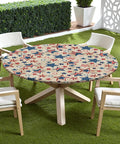 Patriotic round tablecloth with elastic edge on 40-44 inch table, red white blue stars, outdoor patio setup