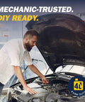 Mechanic working under hood, highlighting NS3 Synthetic CVT Transmission Fluid For Nissan And Mitsubishi Systems 4L Bottle usage.