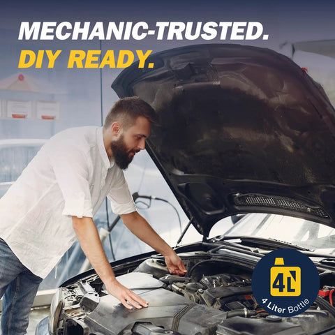 Mechanic working under hood, highlighting NS3 Synthetic CVT Transmission Fluid For Nissan And Mitsubishi Systems 4L Bottle usage.