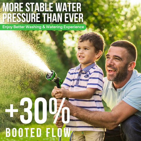 Father and son using Heavy Duty Wall Mounted Garden Hose Reel With 180 Degree Swivel Bracket One Half Inch By 100 Feet