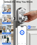 Satin Nickel Smart Keypad Door Lock With Handle Dropping No Sweat Keyless Entry Security To Your Front Door With Smooth App Control and Backup Keys For Family And Guests; user entering keypad code.