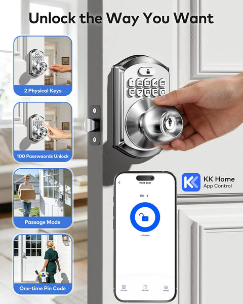 Satin Nickel Smart Keypad Door Lock With Handle Dropping No Sweat Keyless Entry Security To Your Front Door With Smooth App Control and Backup Keys For Family And Guests; user entering keypad code.