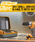 18V Cordless Drill Kit with battery and charger, 58 piece driver bit set for wood metal and concrete, in carrying case