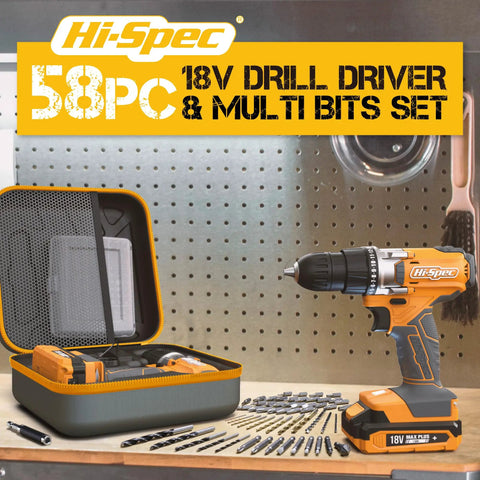 18V Cordless Drill Kit with battery and charger, 58 piece driver bit set for wood metal and concrete, in carrying case