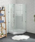 Voltaire 36x36 Neo Angle Shower Base with fiberglass reinforced acrylic in modern bathroom corner setup.