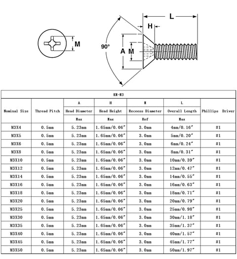 Top Notch 100 PK M3 X 4mm Phillips Flat Head Machine Screws Nickel Plated Carbon Steel specifications chart with dimensions.