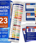 23 In 1 Home Drinking Water Testing Kit With 155 Strips for tap and well water, showing test strips and packaging.