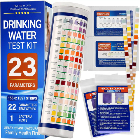 23 In 1 Home Drinking Water Testing Kit With 155 Strips for tap and well water, showing test strips and packaging.