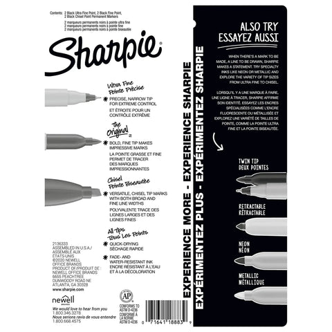Badass Permanent Marker Variety Pack with Chisel Fine and Ultra-Fine Tips in Jet Black for 6-Count School Office and Poster Projects Featuring Quick-Dry Ink That Sticks Anywhere Without Fading and Keeps Your Creations Looking Fresh package with information about marker types and tips.