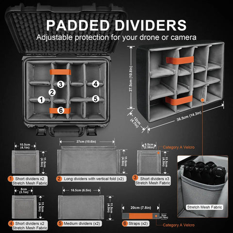 Waterproof Hard Case With Padded Dividers For Drones And Cameras Fits DJI Mavic 4 Pro Air 3S Mini 5 Pro 4 3 And Compatible Sony Canon Nikon Gear And Accessories Black showing internal padded compartments.