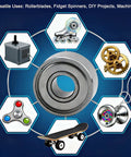 Sealed Deep Groove Ball Bearings 3 By 8 By 4 Millimeter Steel Ten Pack For Skateboard Wheels Scooters Rollerblades RC Cars Small Motors And DIY Projects Smooth Spin And Low Friction Durable Bearings in various uses illustration.