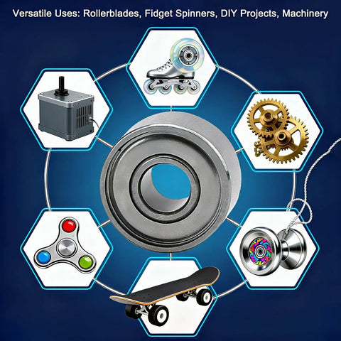 Sealed Deep Groove Ball Bearings 3 By 8 By 4 Millimeter Steel Ten Pack For Skateboard Wheels Scooters Rollerblades RC Cars Small Motors And DIY Projects Smooth Spin And Low Friction Durable Bearings in various uses illustration.